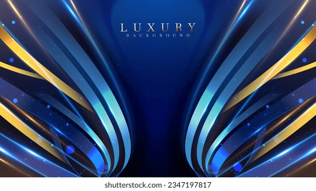 Blue and gold ribbons with glitter light effect and bokeh decoration. Luxury modern art abstract background.