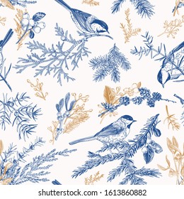 Blue and gold seamless pattern with birds. Vintage style. Vector botanical illustration with winter plants: spruce, mistletoe, larch, eucalyptus seeds, snowberry.