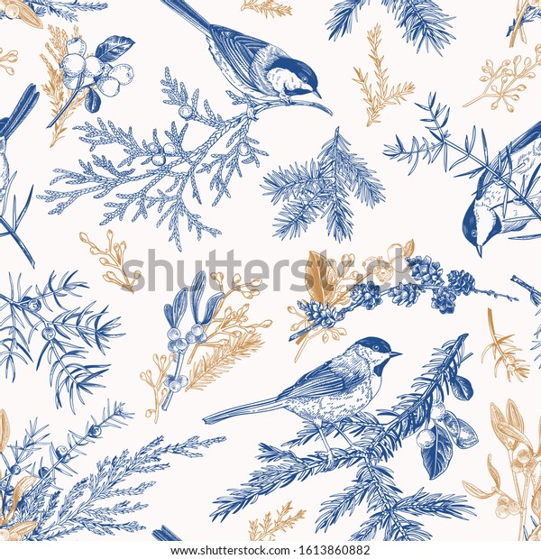 Blue and gold seamless pattern with birds. Vintage style. Vector botanical illustration with winter plants: spruce, mistletoe, larch, eucalyptus seeds, snowberry.
