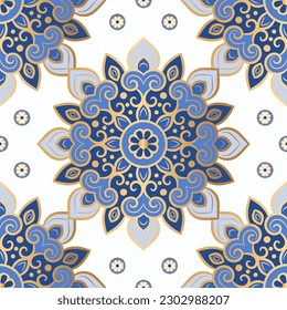Patrón transparente azul y dorado con adorno de mandala. Motivos tradicionales árabes e indios. Ideal para tejidos y textiles, papel pintado, embalaje o cualquier idea deseada.