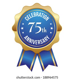 Blue gold seventy-five year anniversary badge with ribbon on white background