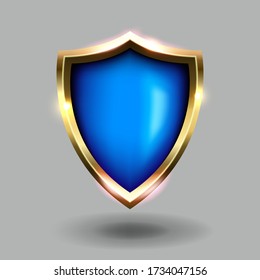 icono azul y dorado en fondo gris. Escudos verdes de armas ilustraciones vectoriales realistas. Símbolo de seguridad y protección.