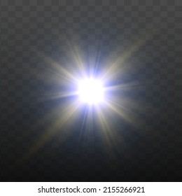 Blue and gold shine gradient glitter, white bright flare. Glare texture. Glowing light effect stars bursts with sparkles. Glitter golden star sparks on transparent background. Xmas lights. Vector