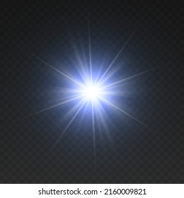 Deslumbrante degradado de brillo azul y dorado, brillo blanco brillante. Textura de vidrio. Las estrellas de efecto luminoso brillan con destellos. Una estrella dorada brillante brilla sobre un fondo transparente. Luces de Navidad. Vector