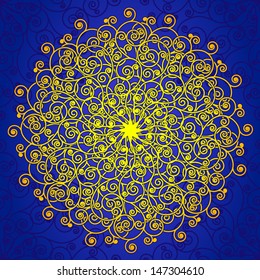 Blue and gold spiral rosette frame.