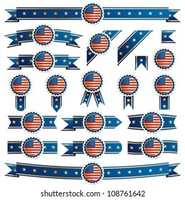 blue and gold star ribbons with usa emblems, isolated on white