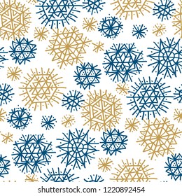 Blue and gold stars and snowflakes seamless pattern. Xmas  holiday simple motif. Christmas wrapping paper design.