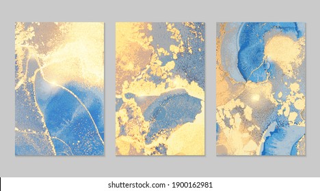 Blue and gold stone marble pattern with sparkles. Abstract vector background in alcohol ink technique. Modern paint with glitter. Set of templates for banner, poster design. Fluid art