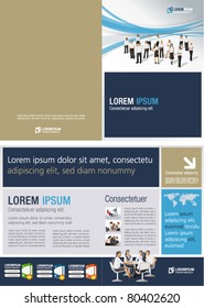 Blue and gold template for advertising brochure with business people