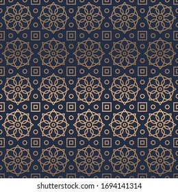 Blue with gold thai pattern with flat design, Art pattern seamless background, stylish vintage retro pattern ideal for greeting card banner or wallpaper and wall design.