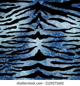 Blue Gold Tiger seamless pattern. Vector dark blue wild animal skin textured background, black stripes print on shiny foil background. Abstract jungle safari texture for wallpapers, design.