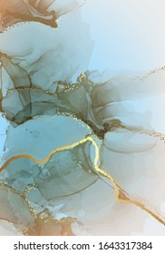 Blue gold Trendy marble wallpaper. Digital Ink colors flowing bright, glowing luminous, liquid translucent, free-flowing watercolor fine art. Natural pattern, luxury background design in vector.