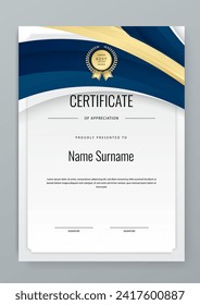 Blue and gold vector flat and gradient modern certificate template for corporate or awards