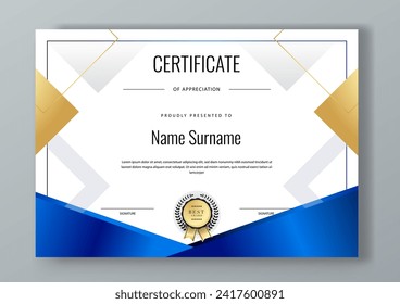 Blue and gold vector professional and modern award corporate certificate design template