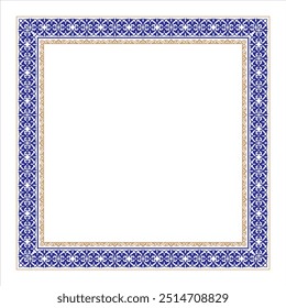 Blue gold vintage pattern in Victorian style in shape of a square frame. Ornate element for design. Ornamental pattern for wedding invitations, greeting cards. Traditional contrast decor. 