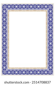 Blue gold vintage pattern in Victorian style in shape of a rectangular. Ornate element for design. Ornamental pattern for wedding invitations, greeting cards. Traditional contrast decor. A4 format