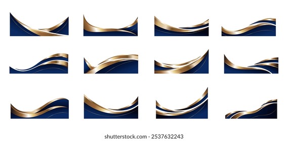 Coleção de conjuntos de vetor de moldura e borda de forma abstrata de onda dourada azul. Elementos decorativos cantos, bordas e quadros. Forma elegante para banners, certificados, convites e design de capas