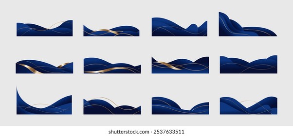 Coleção de conjuntos de vetor de moldura e borda de forma abstrata de onda dourada azul. Elementos decorativos cantos, bordas e quadros. Forma elegante para banners, certificados, convites e design de capas