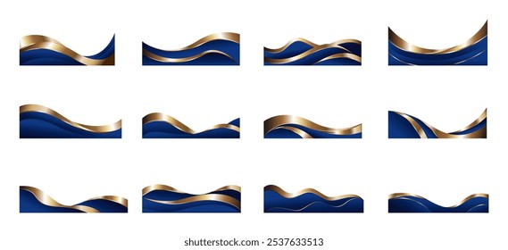 Coleção de conjuntos de vetor de moldura e borda de forma abstrata de onda dourada azul. Elementos decorativos cantos, bordas e quadros. Forma elegante para banners, certificados, convites e design de capas