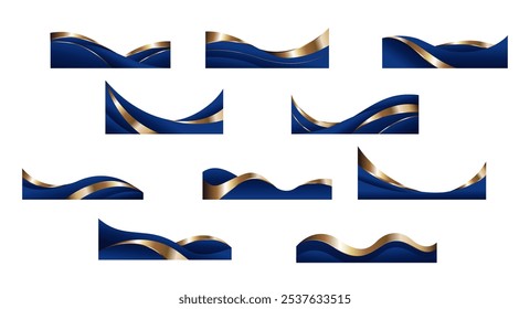 Coleção de conjuntos de vetor de moldura e borda de forma abstrata de onda dourada azul. Elementos decorativos cantos, bordas e quadros. Forma elegante para banners, certificados, convites e design de capas