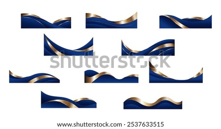 Blue Gold Wave Abstract Shape Border and Corner Frame Vector Set Collection. Decorative Elements Corners, Borders, and Frames. Elegant Shape for Banners, Certificates, Invitations, and Covers Design
