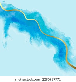 Blue and Gold Wave Artwork Watercolor Vector Template.