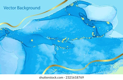 Blue and Gold Wave Artwork Watercolor Vector Template.