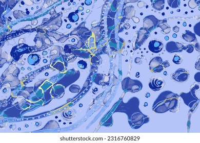 Blue and Gold Wave and Bubbles Artwork Watercolor Vector Template.