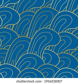 Blue and gold wave pattern (seamlessly tiling).Seamless vector pattern can be used for wallpaper, pattern fills, web page background, surface textures. Gorgeous seamless wave background