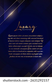 Design de convite de casamento azul e ouro, Cartão de anúncio elegante com quadro Premium. Convite de aniversário elegante com cantos decorativos e elegante
