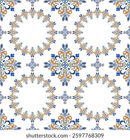 Blue, gold, and white damask circle seamless Barogue pattern illustration. Victorian style. Portuguese or Spanish tiles, Azulejo pattern. Mediteranian wallpaper.