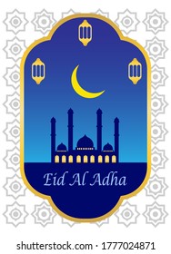 Tarjetas de felicitación Eid al-Adha azul, dorado y blanco para plantillas