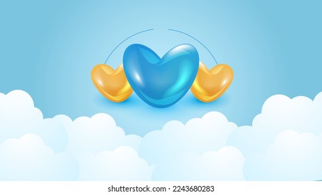 Blue gold and white Valentine christmas new year 3d design background with love heart shaped balloon. Vector illustration, greeting banner, card, wallpaper, flyer, poster, brochure, wedding