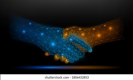 Blue and gold wireframe glowing handshake on dark background, partnership and trust concept. Vector Illustration