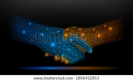 Blue and gold wireframe glowing handshake on dark background, partnership and trust concept. Vector Illustration