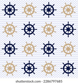 Blue and gold yacht helm boat steering wheel sailing navigation symbol on waves vector seamless pattern. Nautical equipment. Vessel helm flat icon, ship steering wheel sign marine ornament.