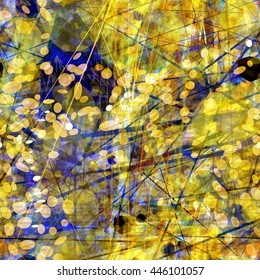Blue and golden. Abstract seamless vector pattern. Spots, ovals, lines, stripes, shapeless blots with sharp edges. Overlap, overlay, translucency. For fabrics, wrapping paper, printing.