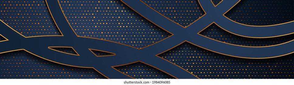 Fondo ondulado abstracto azul y dorado con puntos brillantes. Diseño de vectores