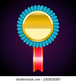 The blue golden badge medal with red ribbon. Vector illustration for design