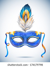 Blue and golden carnival mask with feathers, Masquerade party mask