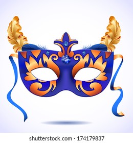 Blue and golden carnival mask with feathers, Masquerade party mask