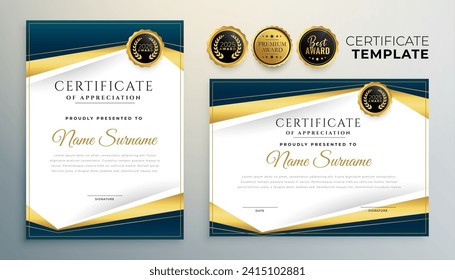 blue and golden certificate of appreciation template for corporate or university vector