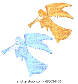 Blue and golden christmas angels isolated on white.