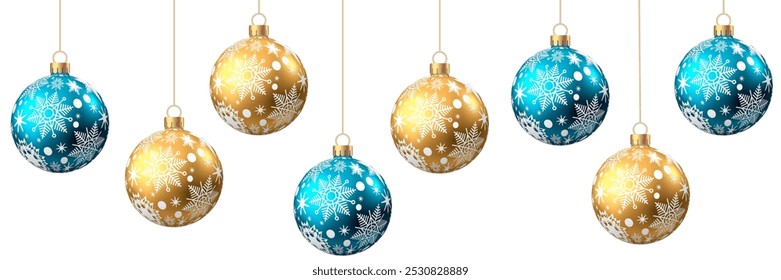 Blue, golden  Christmas  balls  with pattern  isolated on white background. Xmas  tree decoration with ornament. Vector bauble set.