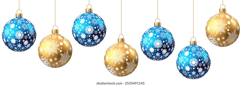 Bolas de Navidad azules, doradas con el modelo aislado en el fondo blanco. Decoración del árbol de Navidad con adorno. Conjunto de chucherías de Vector.