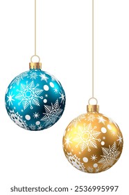 Blue, golden  Christmas  balls  with pattern  isolated on white background. Xmas  tree decoration with ornament. Vector bauble set.
