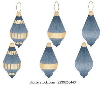Blue and golden Christmas tree toys collection, vector detailed tree toys. Fancy, golden, elegant decorations.