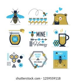 Blue and golden cute summer, honey,  bee and a bear icons, signs, symbols and design elements set on white background