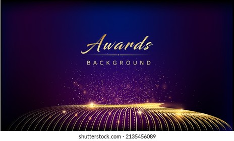 Blue Golden dotted Edge Lines Stage Spotlights. Royal Awards Graphics Background. Lights Elegant Shine Shimmer Modern. Luxury Premium Corporate Template. Sparkling wavy flow Abstract Certificate Post