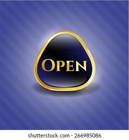 Blue golden emblem with text "Open" Inside